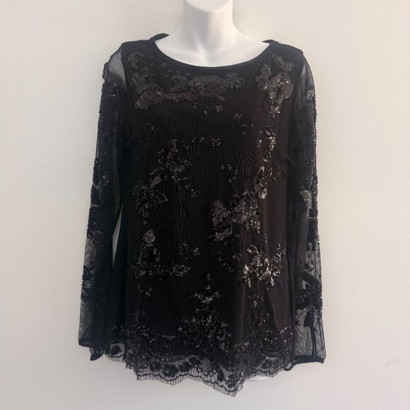 White House Black Market Black Sequin Mesh Blouse | Size S | NWT - Picture 3 of 10
